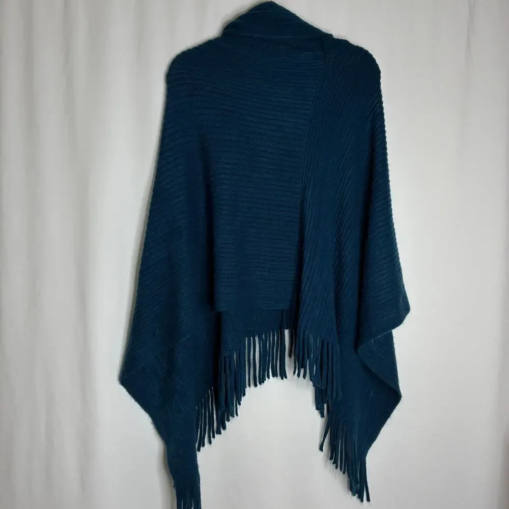 Chico's Teal Blue Cowl Neck Poncho Sweater 100% Acrylic ONE SIZE
